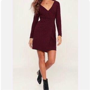 BB Dakota All Day Everyday Burgundy and Black
Striped Wrap Dress